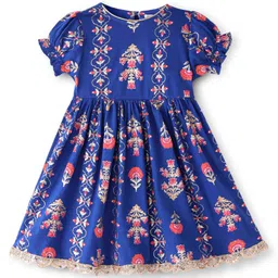 Earthy Touch Single Jersey Knit Half Sleeves Dress Floral Print - Blue-picture-26