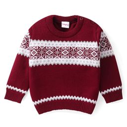 Babyhug Knitted Full Sleeves Pullover Sweater with Floral Design - Maroon-image-64