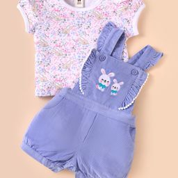 ToffyHouse Interlock Knit Dungaree with Half Sleeves T-Shirt with Floral Bunny Print & Embroidery - Blue & White-image-14