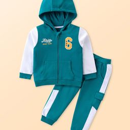 Babyhug Cotton Knit Full Sleeves Hooded Front Zipper T-Shirt & Lounge Pants Set With Kangaroo Pocket & Front & Back Varsity Print - Teal Blue-image-28