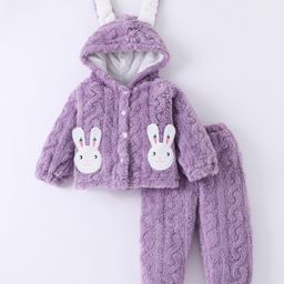 Kookie Kids Full Sleeves Hooded Front Open Winter Wear Set With Bunny Applique - Lilac-image-76