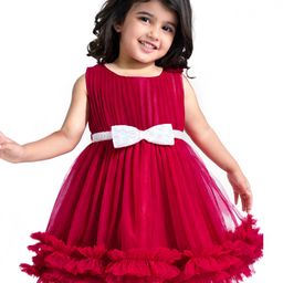 Babyhug Woven Sleeveless Mesh Party Frock with Sequined Bow Applique with Frill Detailing - Red-image-82