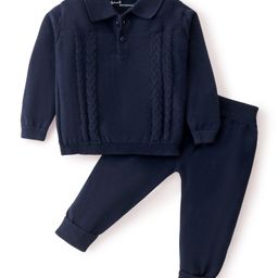 ToffyHouse Cotton Sweater Knit Full Sleeves Collared Solid Winter Wear Set - Navy-image-48