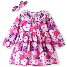 Babyhug Viscose Woven Full SleevesPeter Pan Collar Frock & Head Band With Floral Print -Pink-image-8