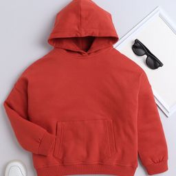 Aww Hunnie Full Sleeves Solid Hooded Sweatshirt - Rust Orange-image-11