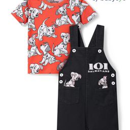 Babyoye Disney Single Jersey Knit Half Sleeves 101 Dalmatians Printed T-Shirt & Denim Dungaree - Black & Orange-image-79