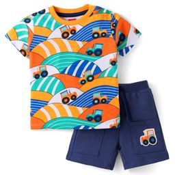 Babyhug Single Jersey Knit Half Sleeves T-Shirt & Shorts Set with Tractor Print - Navy Blue-image-87