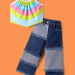 Ollington St. Cotton Text Printed Sleeveless Top & Colorblocked Denim Loose Pant - Green & Navy Blue-image-70