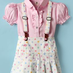 ToffyHouse Knit Half Sleeves Shirt Style Top & Skirt Set With Polka Dot Print & Suspender - Pink & White-image-77