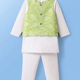 Babyoye Cotton Woven Full Sleeves Kurta Pyjama Set With Printed Nehru Jacket - White & Green-image-3