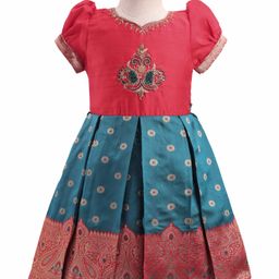 Enfance Silk Half Puffed Sleeves Floral Printed & Sequins Embellished Pattu Pavadai Dress -Rama Green-picture-31