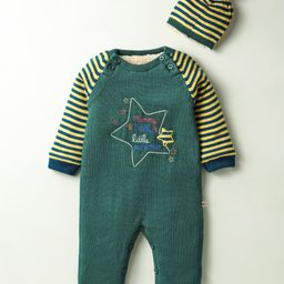 Yellow Apple Knit Full Raglan Sleeves Striped Winter Romper with Cap & Text Embroidery - Green-image-74