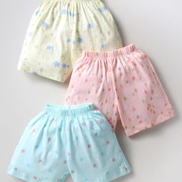 Simple Sinker Knit Knee Length Shorts with Animal Print Pack of 3 - Pink Lemon Yellow & Aqua Blue-image-81