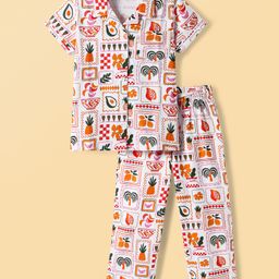 Honeyhap Premium 100% Cotton Knit With Bio Finish Half Sleeves Co-Ord Night Suit With Fruit Print - Orange Ochre-image-18