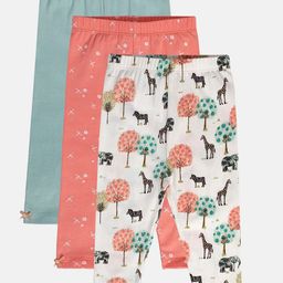 MINI KLUB Cotton Pack Of 3 Floral & Animals Printed Leggings - Blue Peach & White-image-85