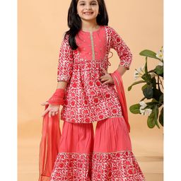 MASTARANG Cotton Woven Half Sleeves Floral Foil Printed & Gota Lace Embellished Coordinating Kurta & Sharara With Dupatta Set - Baby Pink-40