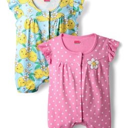 Babyhug 100% Cotton Frill Sleeves Tropical Theme & Polka Dots Printed Romper Pack Of 2 - Pink & Turquoise-image-26