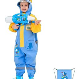 Little Surprise Box PVC Full Raglan Sleeves Space Theme Designed Glow In The Dark Jumpsuit Style Hooded Raincoat With Bag Set - Blue-picture-5