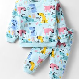 CUCUMBER Sinker Knit Full Sleeves Co-Ord Night Suit With Dog Print - Light Blue-image-41