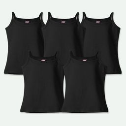 Ariel Cotton Lycra Knit Pack Of 5 Sleeveless Solid Camisoles - Black-image-85