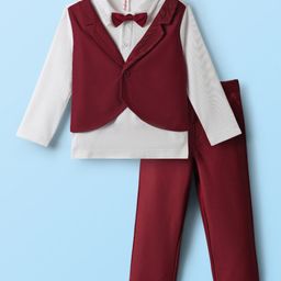 Babyhug Knit Full Sleeves Partywear T-shirt & Pant set with waistcoat applique - Maroon-picture-35