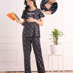 Bella Mama Cotton Knit Half Sleeves Nursing Night Suit with Floral Print - Navy Blue-picture-33
