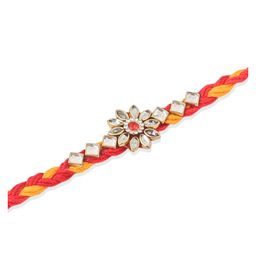 NVR Unisex Set of 6 Red & Yellow Kundan Studded Floral Design Thread Rakhi with Roli Chawal Chandan & Mishri - Red image 2