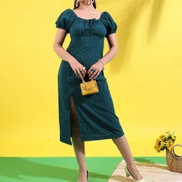 PINACOLADA Solid Smocked Tie-Up Neck Puff Sleeves Knee Length Sheath Dress-picture-13