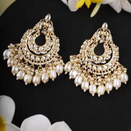Anouk White Gold-Plated Artificial Stones Studded And Beaded Crescent Shaped Drop Earrings-9