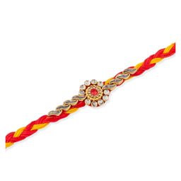 NVR Unisex Set of 6 Red & Yellow Kundan Studded Floral Design Thread Rakhi with Roli Chawal Chandan & Mishri - Red image 5