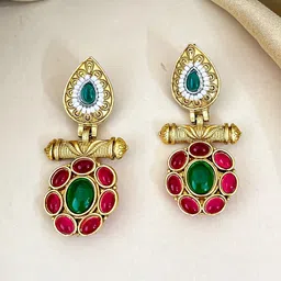 Zeviel Gold-Plated Artificial Stones Studded Teardrop Shaped Drop Earrings-picture-38