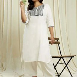 Globus Gloplus Women Off White Sequin & Embroidered Plus Size Kurta With Wide Leg Pants Festive Set-image-2