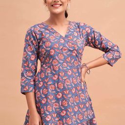 LIVING ROOTS Women Floral Block Printed V-Neck Pure Cotton Angrakha Casual Short Kurti-picture-11