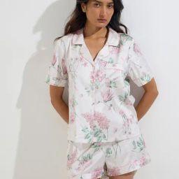 Wunderlove by Westside White Floral Design Satin Shirt with Shorts Set-picture-29