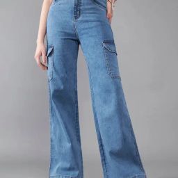 DOLCE CRUDO Blue Flared Fit High Rise Stretchable Cargo Jeans-picture-24