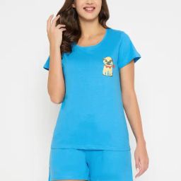 Clovia Blue Cotton Regular Fit Animal Print Sleepwear  Robes-image-51