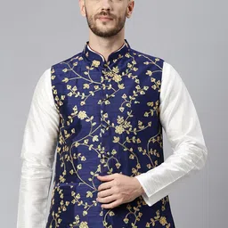 Hangup Men Navy Blue & Gold-Coloured Embroidered Woven Nehru Jacket-picture-36