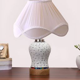 Devansh Off White Textured Wooden Frustum Shaped Table Lamp With Mosaic Glass Base-13