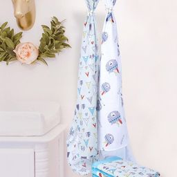 My Milestones Kids-Unisex Set of 2 White & Blue 3 LayeredPure Cotton Muslin Blankets-24