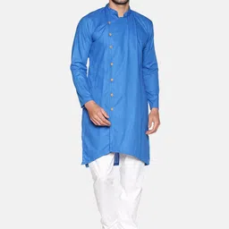 Sethukrishna Men Blue & White Solid Cotton Kurta with Churidar-image-62