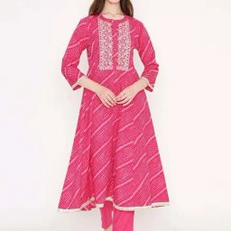 Saffron Threads Pink Cotton Embroidered A-Line Kurta-image-37