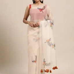 Janasya Beige Printed Saree With Unstitched Blouse-image-17