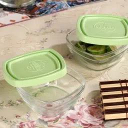 Duralex 'Freshbox' Transparent & Green Glass 9 cm Container With Lid (0.15 L) - Set of 2-14