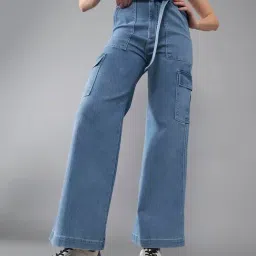 DOLCE CRUDO Blue Flared Fit High Rise Stretchable Cargo Jeans-image-56