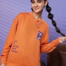 Bewakoof Orange Graphic Relaxed Fit Sweatshirt-image-4