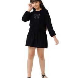 Under Fourteen Only Kids Navy Embellished Full Sleeves Dress-image-94