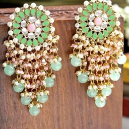 Karatcart Gold-Plated Light Green And Pink Floral Design Kundan Dangler Earrings for Women-20
