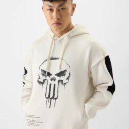 The Souled Store Punisher Vigilante Off White Loose Fit Graphic Print Hooded Sweatshirt-43