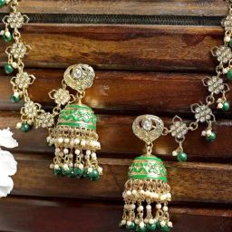 Karatcart Gold-Plated Green Meena And Beads Kundan Kaanchain Jhumki Earrings for Women-20