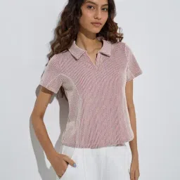 Studiofit by Westside Maroon Stripe Printed Cotton-Blend Polo T-Shirt-image-75